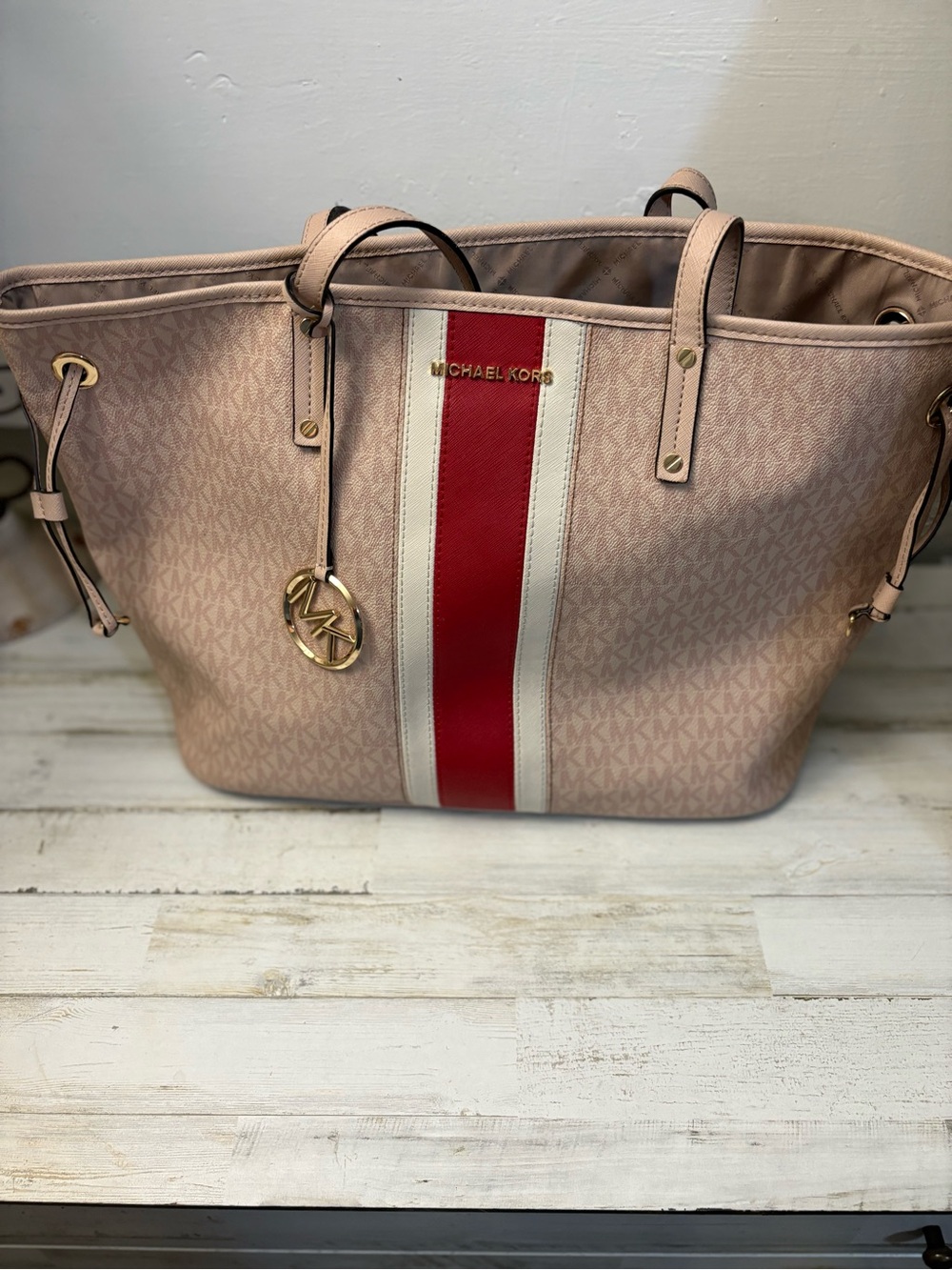 Michael Kors Pink Tote with Red & Cream Center Stripe